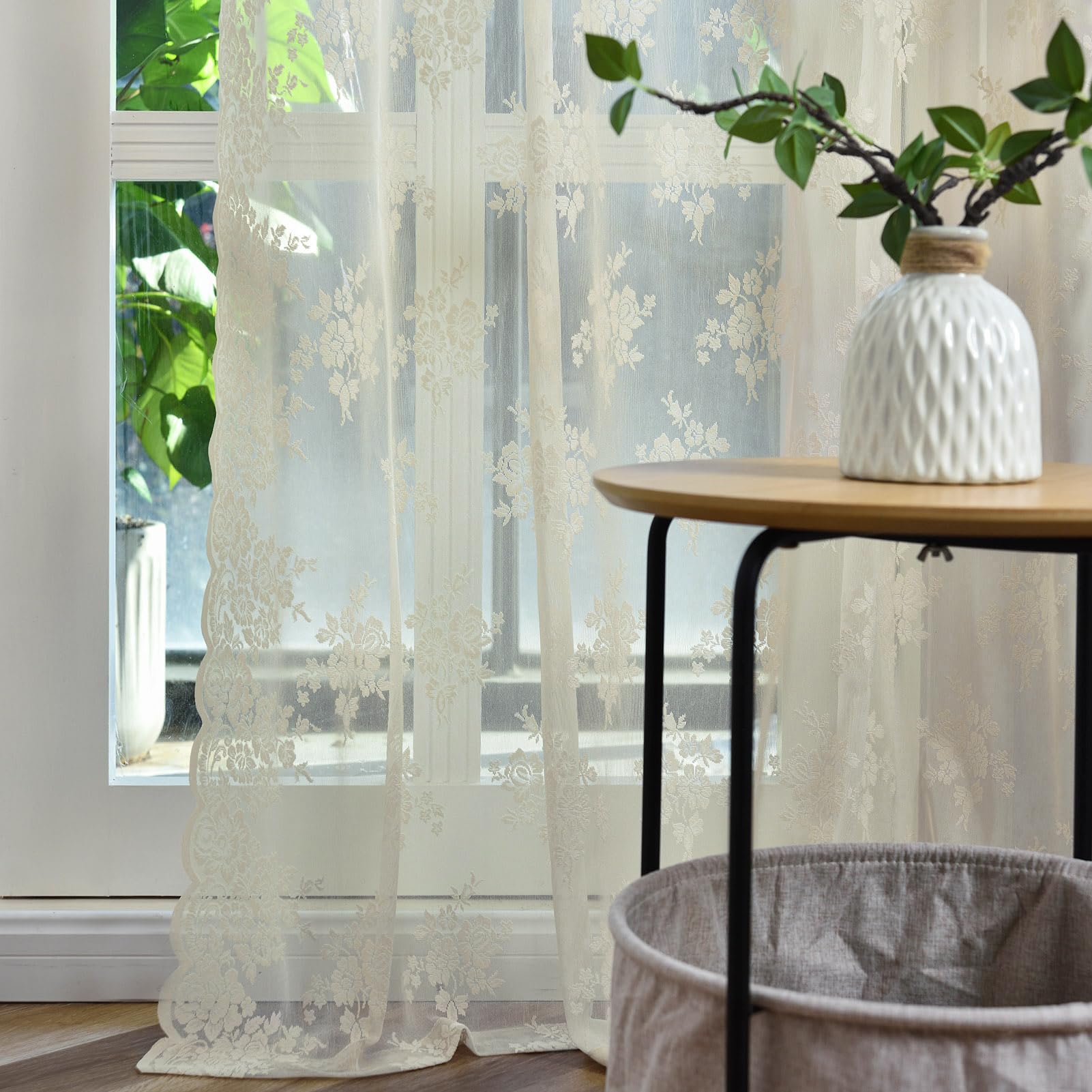 Amazon｜Kotile ベージュ レースカーテン 寝室用 素朴な花柄 52x63